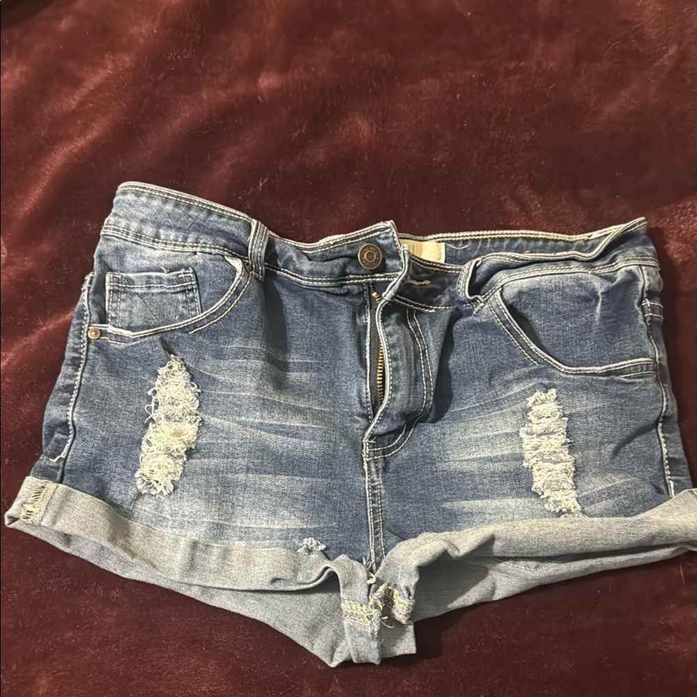 Blue Distressed Jean Shorts with Cuffed Hems
